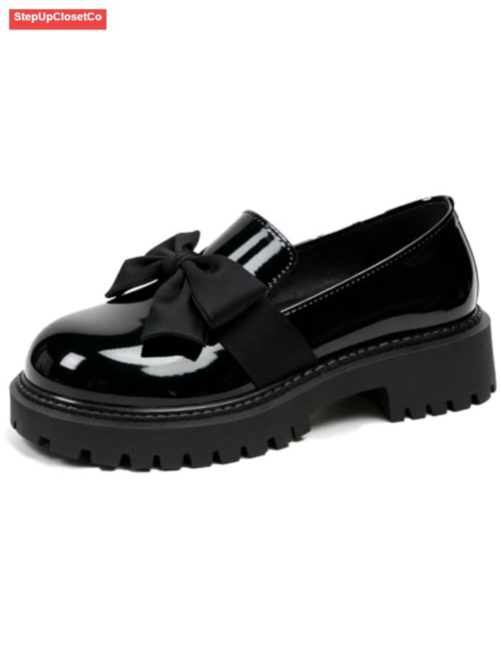 Women's Patent Leather Chunky Heel Bow Loafers Round Toe Platform Lug Sole